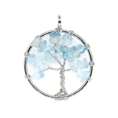 Ακουαμαρίν (Aquamarine) φυσικοί ημιπολύτιμοι λίθοι σε χειροποίητο Δέντρο της Ζωής κρεμαστό 30mm