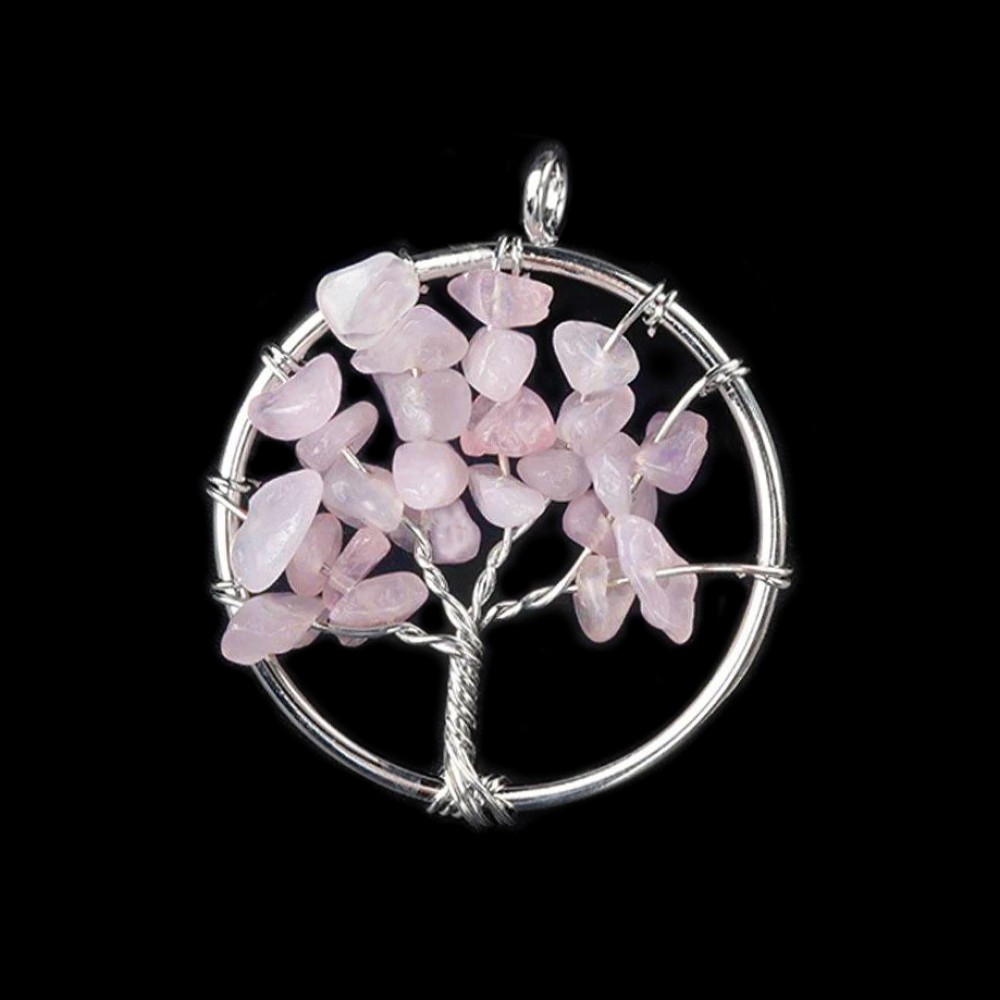 Χαλαζίας ροζ (Rose Quartz) φυσικοί ημιπολύτιμοι λίθοι σε χειροποίητο Δέντρο της Ζωής κρεμαστό 30mm Δέντρο της Ζωής Κρεμαστοί Λίθοι