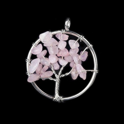 Χαλαζίας ροζ (Rose Quartz) φυσικοί ημιπολύτιμοι λίθοι σε χειροποίητο Δέντρο της Ζωής κρεμαστό 30mm