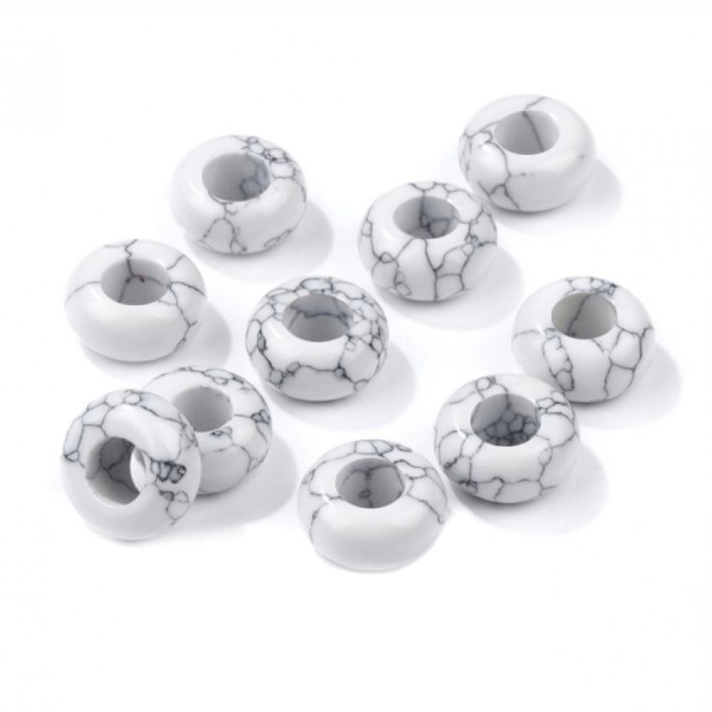 Χαολίτης λευκός (white Howlite) φυσικός ημιπολύτιμος λίθος χάντρα πλακέ 14x8mm με μεγάλη τρύπα 6mm (τιμή ανά χάντρα) Λίθοι με Μεγάλη Τρύπα
