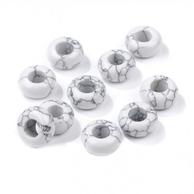 Χαολίτης λευκός (white Howlite) φυσικός ημιπολύτιμος λίθος χάντρα πλακέ 14x8mm με μεγάλη τρύπα 6mm (τιμή ανά χάντρα)