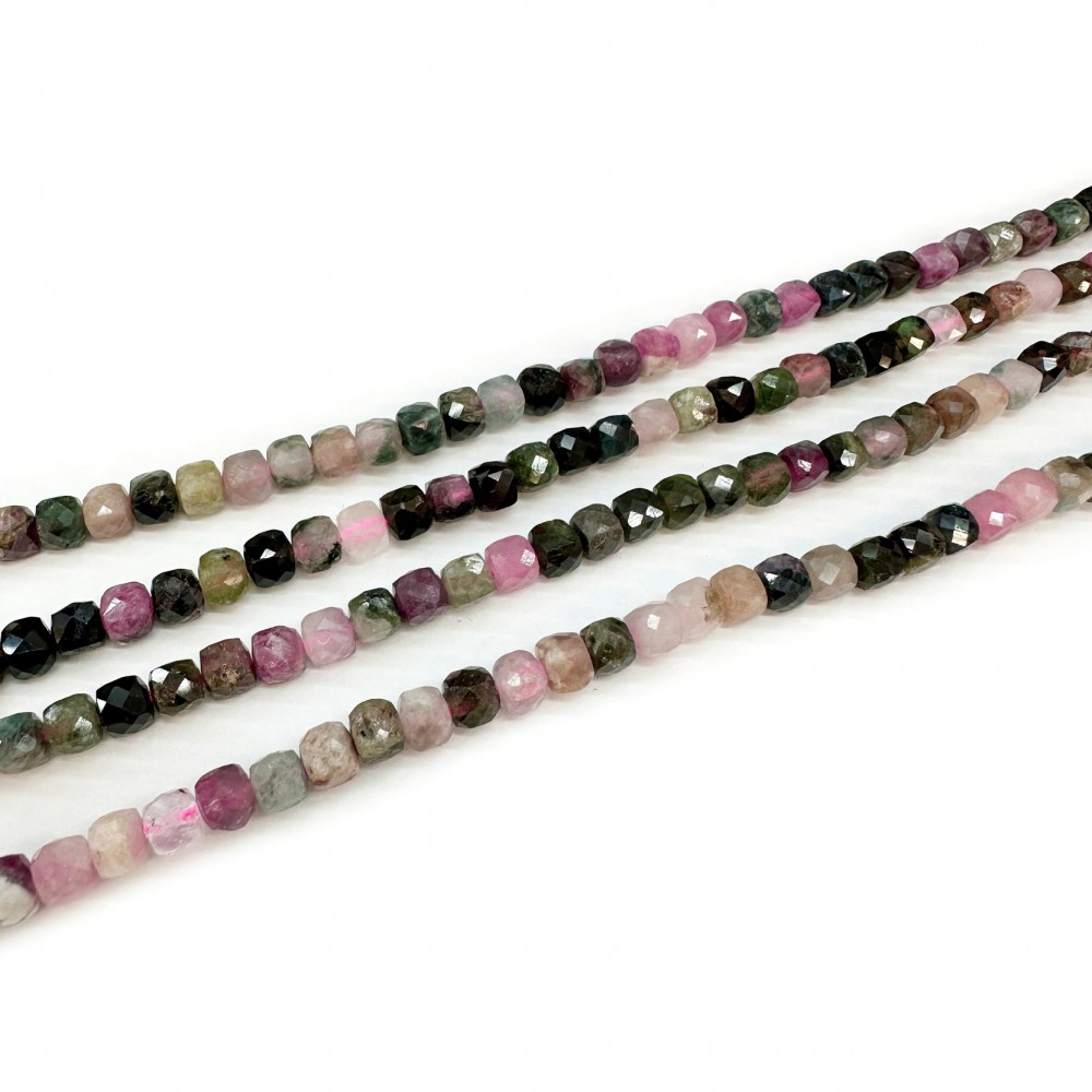 Τουρμαλίνη (Tourmaline multicolor) φυσικοί ημιπολύτιμοι λίθοι χάντρες κυβάκι πολυγωνικές 4mm (σειρά∽39cm∽98χάντρες)