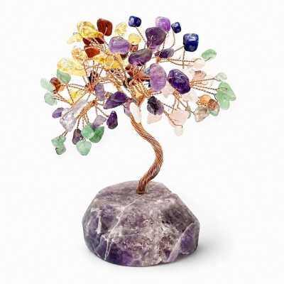 7 Chakras χειροποίητο Δέντρο της Ζωής με βάση από Αμέθυστο φυσικός ημιπολύτιμος λίθος 12cm x 9cm