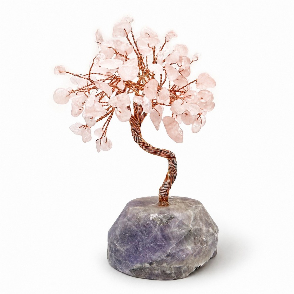 Χαλαζίας ροζ (Rose Quartz) χειροποίητο Δέντρο της Ζωής με βάση από Αμέθυστο φυσικός ημιπολύτιμος λίθος 12cm x 9cm Λίθοι Διακοσμητικοί - Χώρου