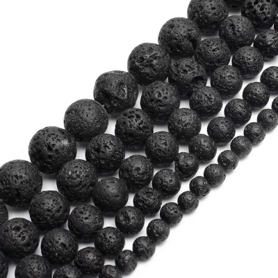 Ηφαιστειακή Λάβα μαύρη (Volcanic Lava) φυσικοί ημιπολύτιμοι λίθοι χάντρες 5mm/ 6mm/ 8mm/ 10mm (σειρά/37∽39cm)