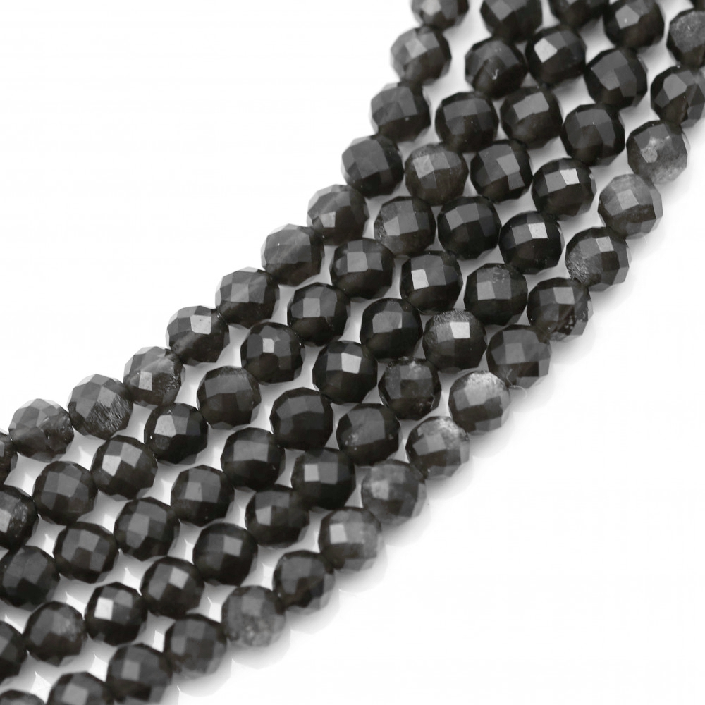 Obsidian black silver faceted beads natural semi precious stones 3.5mm (string∽39cm∽122beads) Obsidian