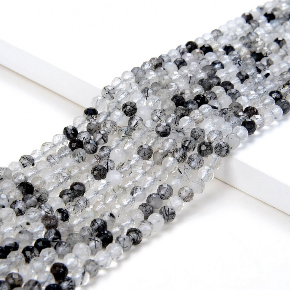 Ρουτίλιο μαύρο σε χαλαζία (Black Rutile Quartz) φυσικοί ημιπολύτιμοι λίθοι χάντρες πολυγωνικές 3.5mm (σειρά∽39cm∽120χάντρες) Ρουτίλιο - Rutile