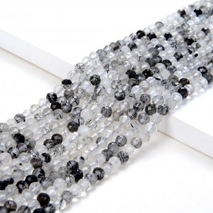 Ρουτίλιο μαύρο σε χαλαζία (Black Rutile Quartz) φυσικοί ημιπολύτιμοι λίθοι χάντρες πολυγωνικές 3.5mm (σειρά∽39cm∽120χάντρες) Ρουτίλιο - Rutile