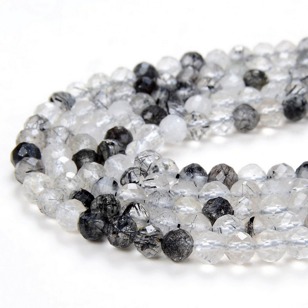 Ρουτίλιο μαύρο σε χαλαζία (Black Rutile Quartz) φυσικοί ημιπολύτιμοι λίθοι χάντρες πολυγωνικές 3.5mm (σειρά∽39cm∽120χάντρες) Ρουτίλιο - Rutile
