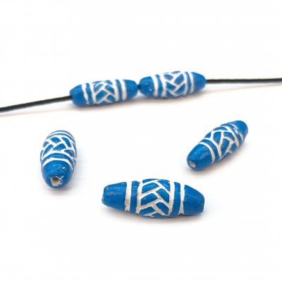 Κεραμικές χειροποίητες χάντρες οβαλ μπλε χρώμα με λευκό σχέδιο 20x8mm (συσκευασία/25χάντρες)