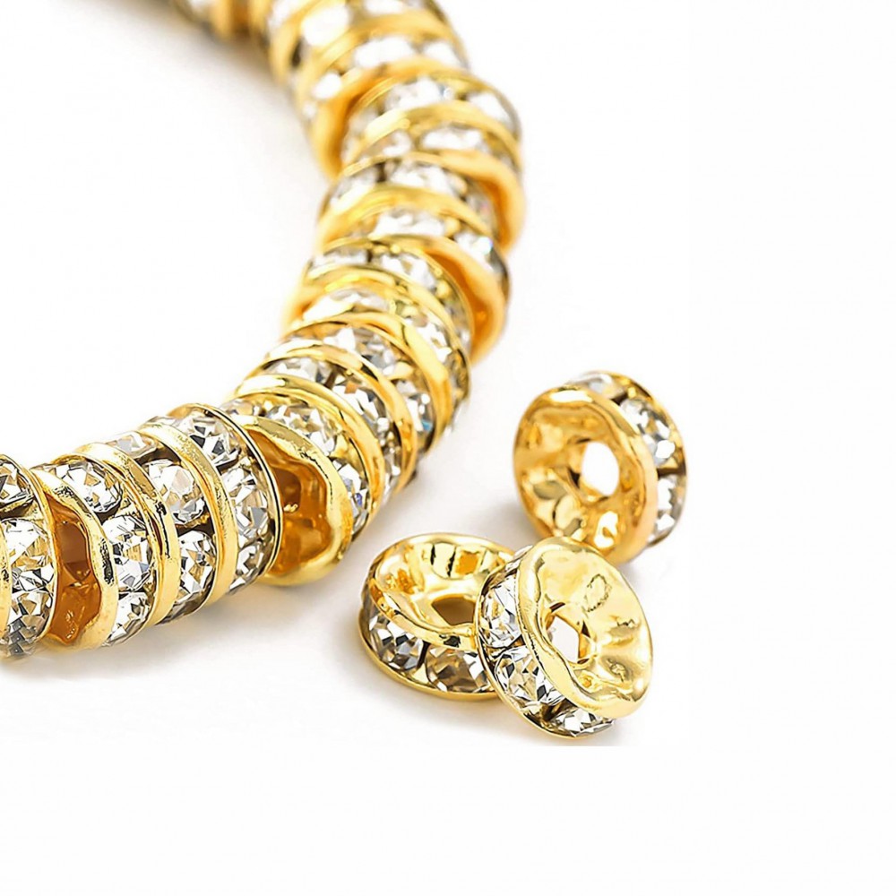 Rhinestone goldplated rondelle beads with hole clear color 6mm / 8mm (pack) Metal Beads