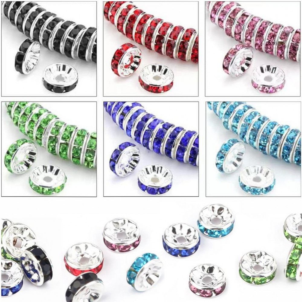 Rhinestone rondelle beads 6mm / 8mm with hole (pack) Metal Beads
