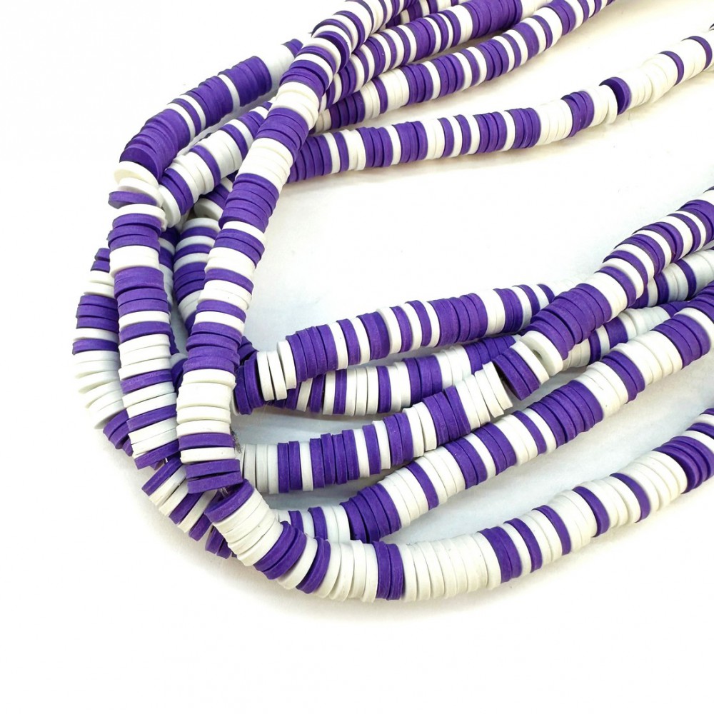 Χάντρες fimo ροδέλα πλακέ 6mm μικτά χρώματα μωβ/ λευκό (σειρά∽300χάντρες/ 36cm∽38cm) Χάντρες Fimo