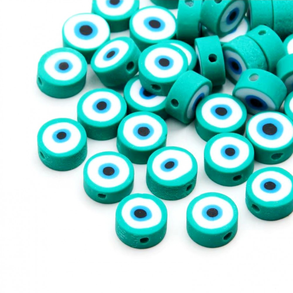 Χάντρες fimo 10mm Ματάκια τιρκουάζ χρώμα (συσκευασία∽50χάντρες) Χάντρες Fimo