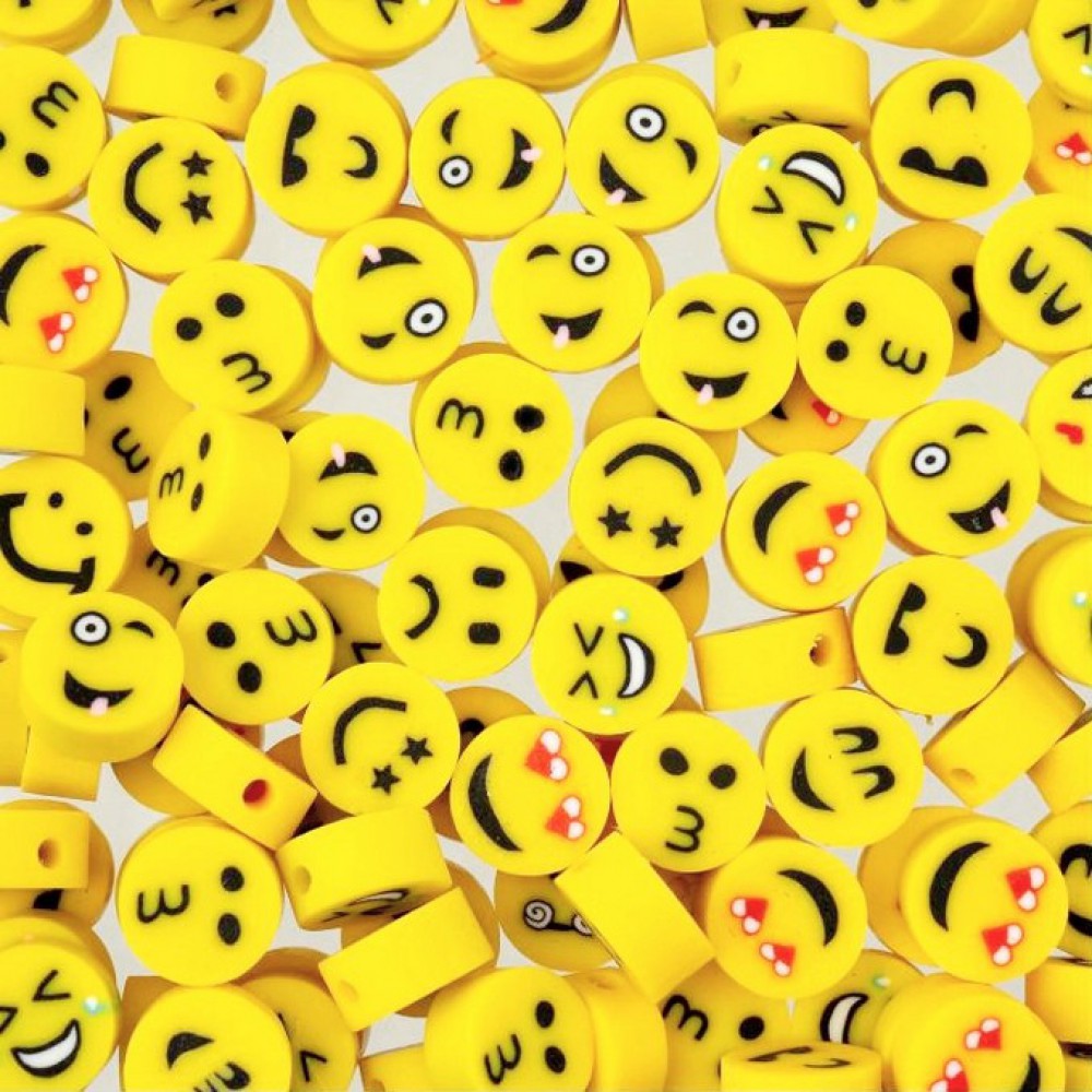 Χάντρες fimo 10mm Emoji μικτά σχέδια κίτρινο χρώμα (συσκευασία∽50χάντρες) Χάντρες Fimo